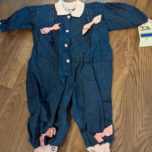 Nwt Vintage Buster Brown Romper 12m Denim One Piece Girls Bows Usa Snap